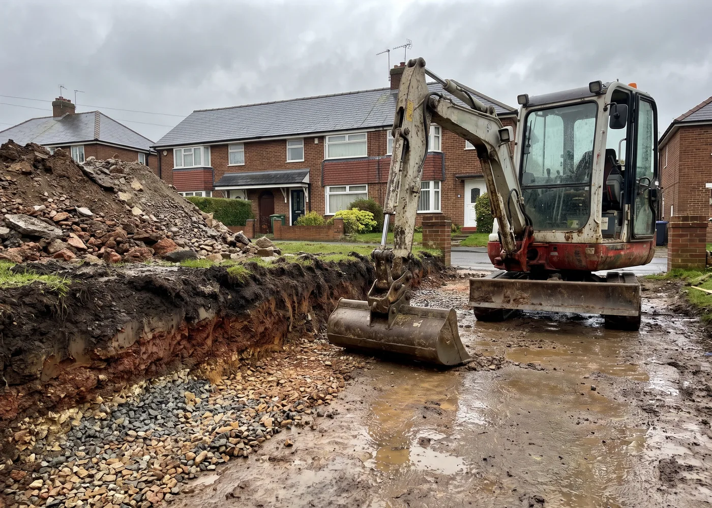 The excavated build-up beneath a driveway: compacted stone over the subgrade